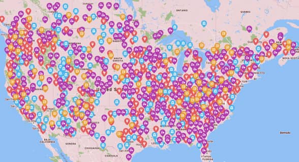 Map of Harvest Hosts locations across North America