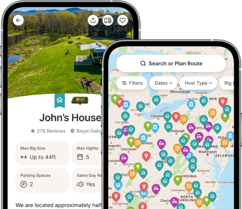 Harvest Hosts app screens showing a host profile and map