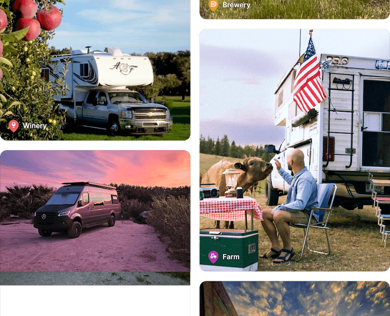 A collage of Harvest Hosts RV stays