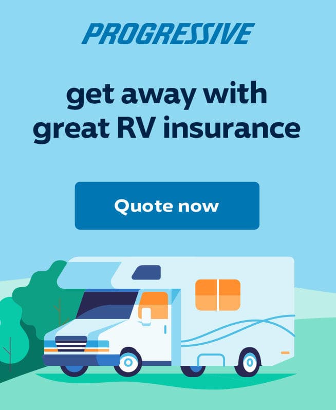 Progressive RV insurance ad with an RV campsite illustration and Quote now call to action